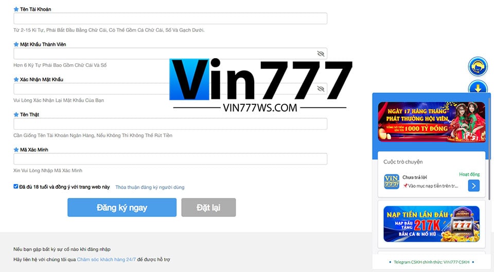 Form điền thông tin đăng ký tài khoản nhà cái Vin777
