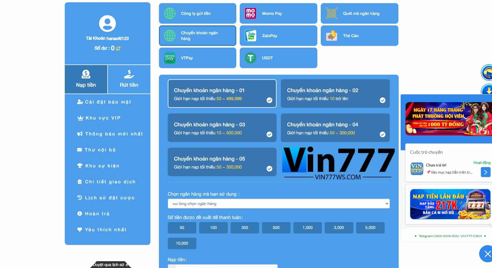 Nhà cái Vin777 hỗ trợ đa dạng các phương thức nạp tiền khác nhau